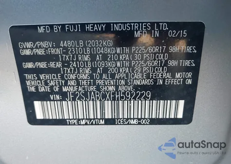 2015 Subaru Forester 2.5I из США, поврежденный, VIN JF2SJABCXFH592229